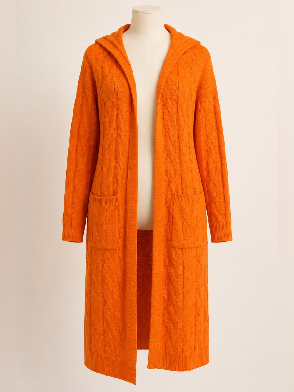 Orange Cable Knit Hooded Cardigan Duster Sweater Size Medium